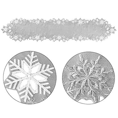 Christmas Snowflake Embroidered Silver Table Runner 14x108 Inches - Winter Holiday Decor