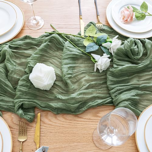Sage Green Cheesecloth Table Runner - 10FT Boho Gauze for Weddings and Holidays - 4 Pack