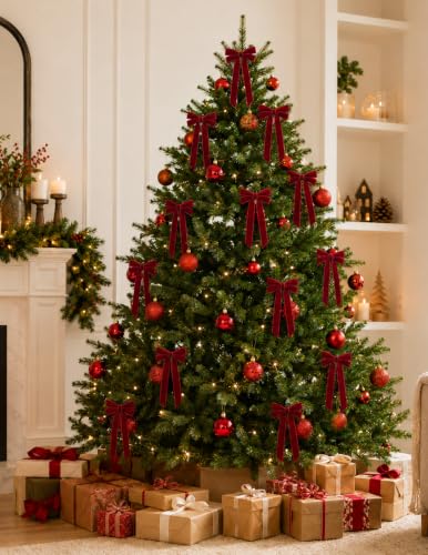12Pcs Velvet Ribbon Bow Christmas Tree Decorations with Storage Bag - Wine Red