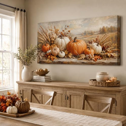 Autumn Pumpkin Wall Art Canvas Rustic Fall Decor 48x24 Inches - Autumn Wall Art03