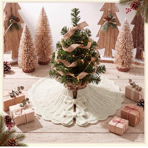 Small Knitted Christmas Tree Skirt - 18 Inch Vintage Farmhouse White