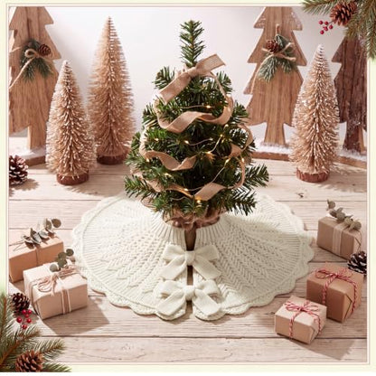 Small Knitted Christmas Tree Skirt - 18 Inch Vintage Farmhouse White