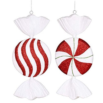 13-Inch Red White Green Flat Peppermint Candy Christmas Ornament - Set of 2