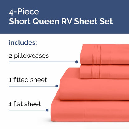 RV Short Queen Sheet Set 60 X 75 - 4 Piece RV Short Queen Bed Sheets - Soft, Breathable & Cooling - Designed for Bunks, Trailers and Campers - Fits 8” to 12" Mattress - Hotel Luxury Bedding - Coral