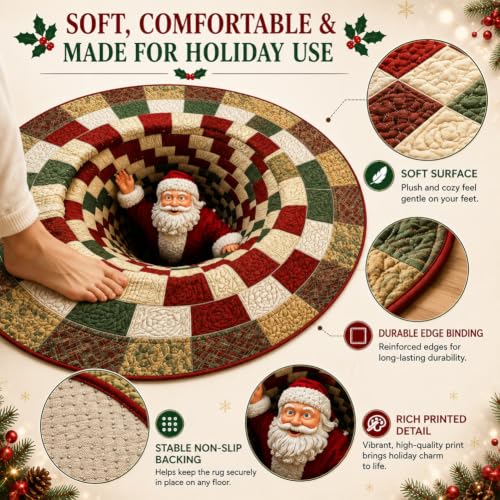 40in 3D Christmas Rug Optical Illusion Santa Gnomes Holiday Decor - J