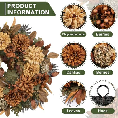24-Inch Fall Wreath with Mums Dahlias Queen Anne's Lace - Style-5