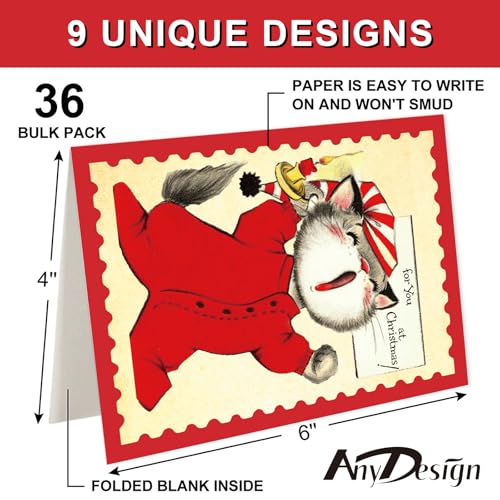 Christmas Greeting Cards with Envelopes Stickers - Vintage Cat Blank Note Cards Set