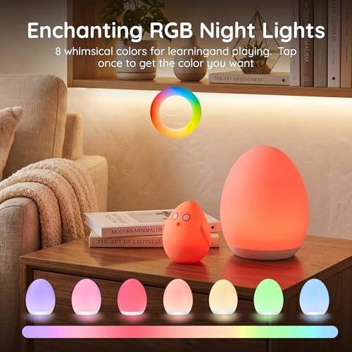 Egg Light with 7 RGB Colors Dimmable Touch Night Light for Kids - Wooden