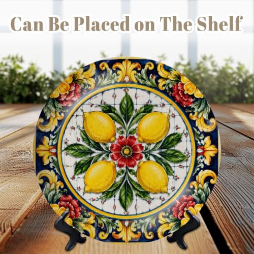 8-Inch Decorative Ceramic Plate Mediterranean Tile with Display Stand & Wall Hook - Color7