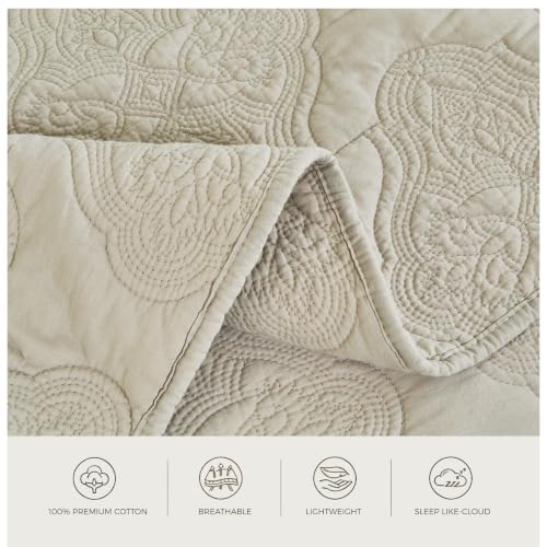 Beige King Size Cotton Quilt Set - 3PC Bedspread with Shams