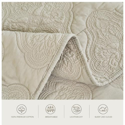Beige King Size Cotton Quilt Set - 3PC Bedspread with Shams