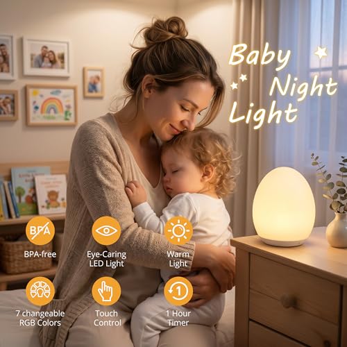 Egg Light with 7 RGB Colors Dimmable Touch Night Light for Kids - Wooden