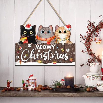 Meowy Christmas Cat Wooden Sign - Black Cats Christmas Decor for Cat Lovers