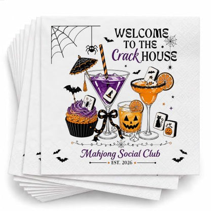 Personalized Halloween Mahjong Cocktail Napkins - Spooky Bat & Mahjong Party Decor