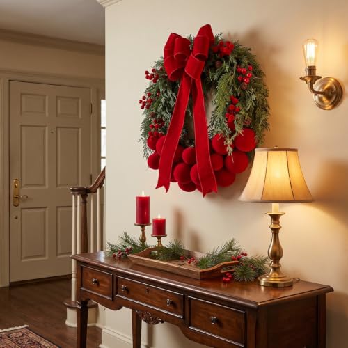 24-Inch Artificial Christmas Wreath with Velvet Balls and Bow - Front Door Decor