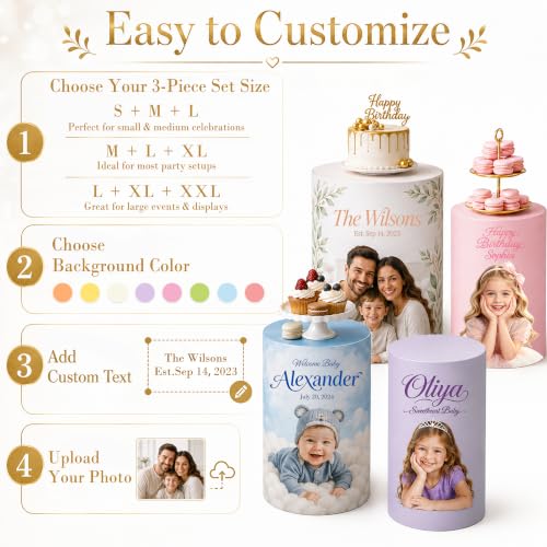 3 Pcs Custom Photo Cylinder Plinth Covers - Round Pedestal Stand Wraps with Variation 02