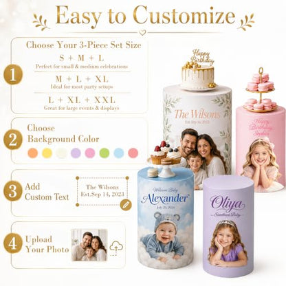 3 Pcs Custom Photo Cylinder Plinth Covers - Round Pedestal Stand Wraps with Variation 02