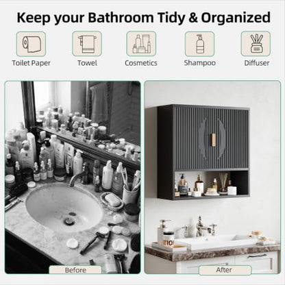 Kalrin Wall Bathroom Cabinet with Adjustable Baskets & Hooks - Black