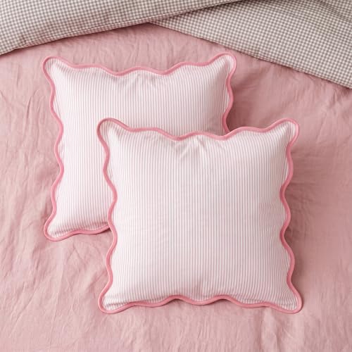 Pink Scalloped Edge Striped Pillowcases 18x18 Inches - 2 Pcs, Chicplaid