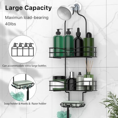 DAOYA 3-Tier Overhead Shower Caddy with Soap Holder & Hooks - Black