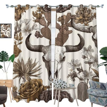Retro Western Bull Skull Thermal Insulated Grommet Curtains - 21W x 63L Set of 2