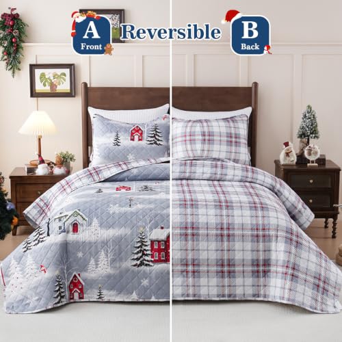 AtawLege 3-Piece Christmas Quilts King Size Grey Tree Bedding Set