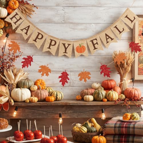 Fall Burlap Banner and Glitter Leaves Garland - Autumn Party Decor