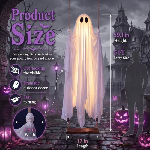 White 5FT Swinging Ghost Halloween Outdoor Decor with Light & Timer
