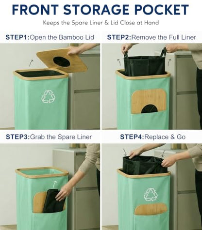Recycling Bin for Kitchen with Bamboo Lid - Green, 26 Gallon Capacity