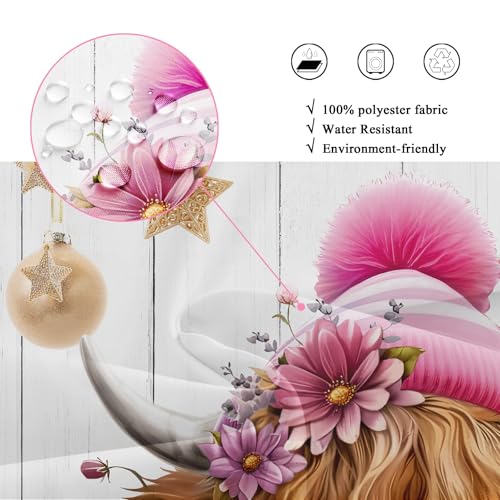 Christmas Highland Cow Shower Curtain Set Pink 72x72 Inches with Hooks - Merry Xmas Farmhouse Bathroom Decor