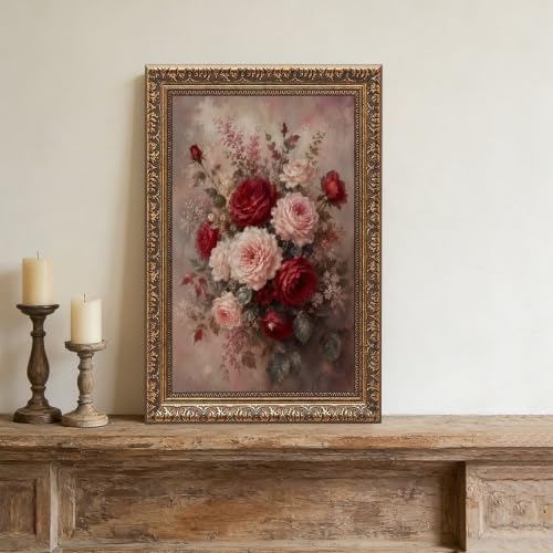 Vintage Gold Frame Canvas Wall Art - Red & Blush Rose Bouquet, 16"x24"