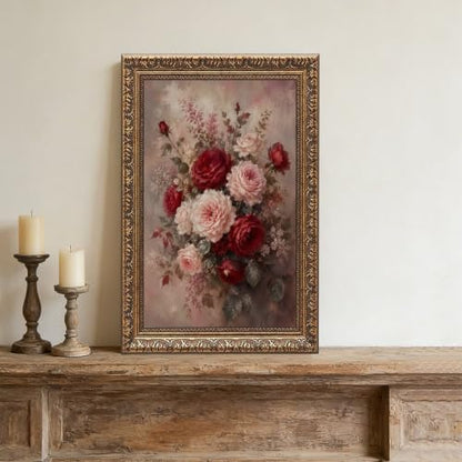 Vintage Gold Frame Canvas Wall Art - Red & Blush Rose Bouquet, 16"x24"