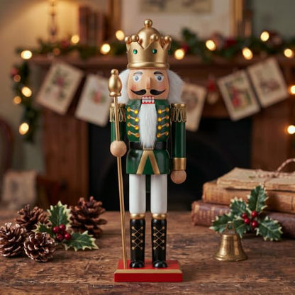 Christmas Nutcracker Decor 12 Inch Wooden Soldier Figurine - Green Gold Variation