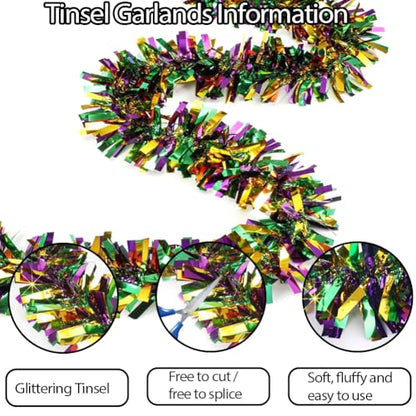 33Ft Christmas Tinsel Garland - Gold Green Purple Metallic Decor for Holiday & Party