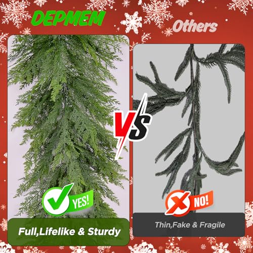 9Ft Real Touch Cedar Garland with 240 Branches, Lush Fake Christmas Wreath