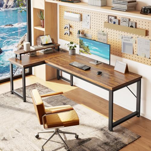 PRAISUN 53-Inch L Shaped Computer Desk with Outlets & Monitor Stand - Rustic Brown