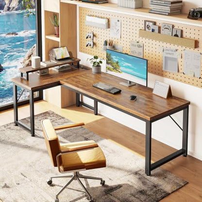 PRAISUN 53-Inch L Shaped Computer Desk with Outlets & Monitor Stand - Rustic Brown