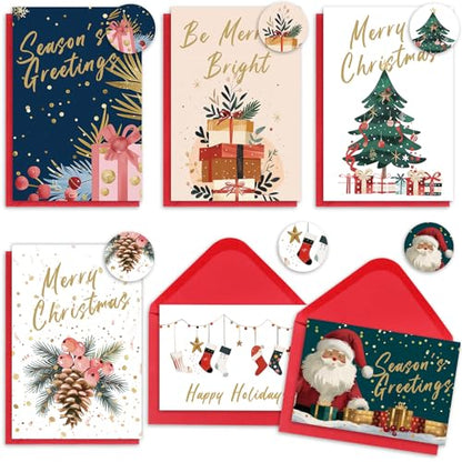 24 Holiday Christmas Cards with Red Envelopes & Stickers - Assorted Designs