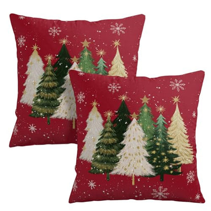Red Christmas Pillow Covers 18x18 Set of 2 Watercolor Xmas Tree Snowflakes Holiday Cushion Cases - Variation of Christmas Tree Red / 18" x 18"