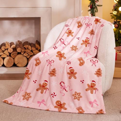 Pink Gingerbread Man Throw Blanket - 50x60 Fuzzy Flannel Xmas Decor