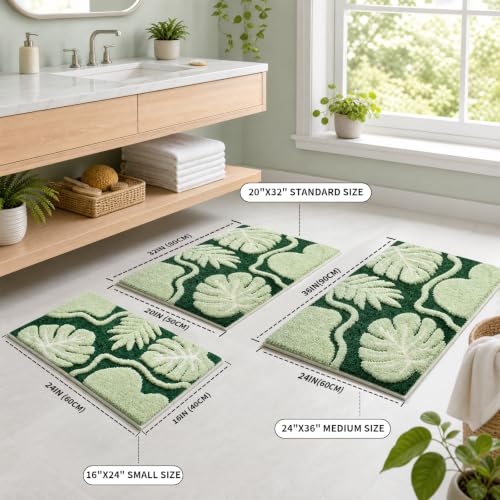 Green Bathroom Rug 16x24 Monstera Leaf Non-Slip Microfiber Bath Mat - Absorbent & Quick Dry