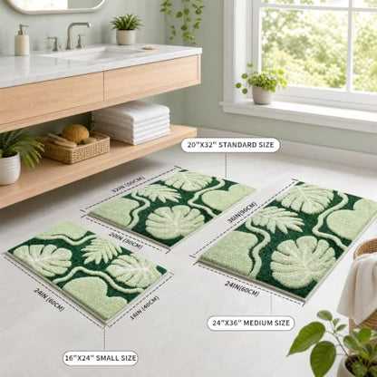 Green Bathroom Rug 16x24 Monstera Leaf Non-Slip Microfiber Bath Mat - Absorbent & Quick Dry