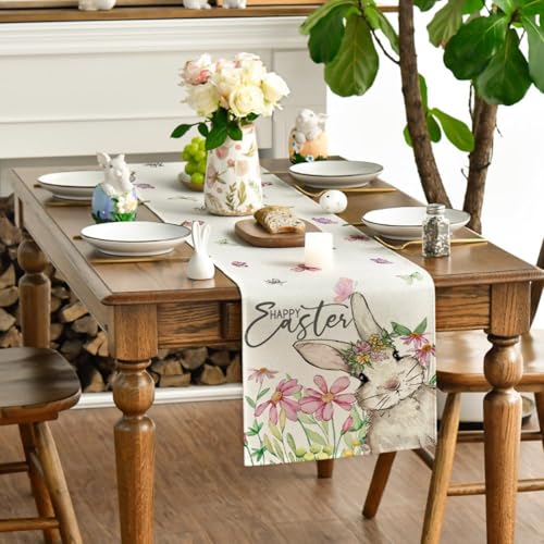 Easter Bunny Floral Table Runner 13x72 Inch for Spring Holiday Decor