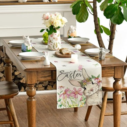 Easter Bunny Floral Table Runner 13x72 Inch for Spring Holiday Decor