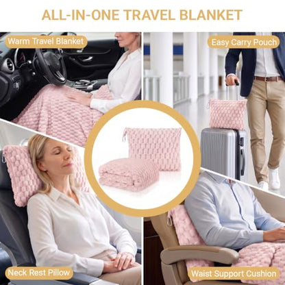 Pink Travel Blanket with Bag - Soft Fleece Portable Airplane Throw