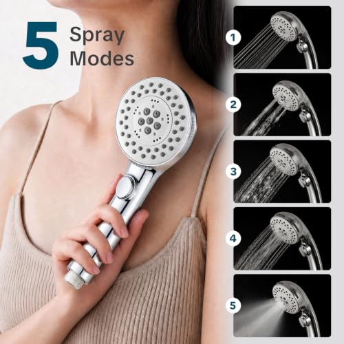 Handheld Shower Head with 5 Modes, Chrome, 60-Inch Stainless Steel Hose & Holder
