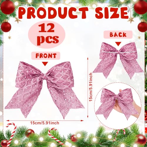Pink Glitter Mesh Christmas Tree Bows - 12 Pack 6 Inch Holiday Decor