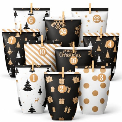 Christmas Advent Calendar Gift Bags Set with 24 Number Stickers & Wooden Clips