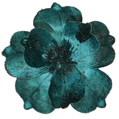 Large Glitter Christmas Magnolia Flowers Set - Blackish Green, 10 Inch