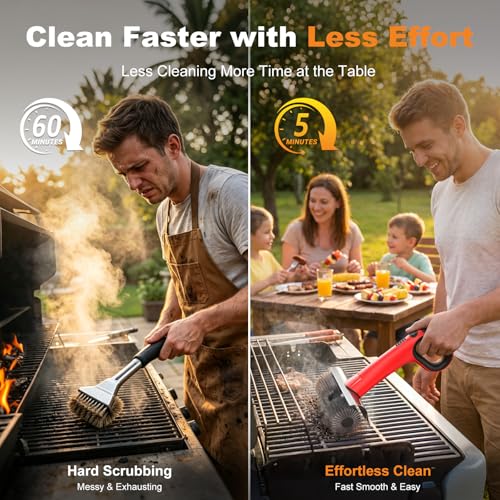 Electric Grill Brush for Outdoor Grills - Red Cordless BBQ Cleaner with Dual Rotating Heads, 450 RPM Motor, 6-Piece Replacement Set